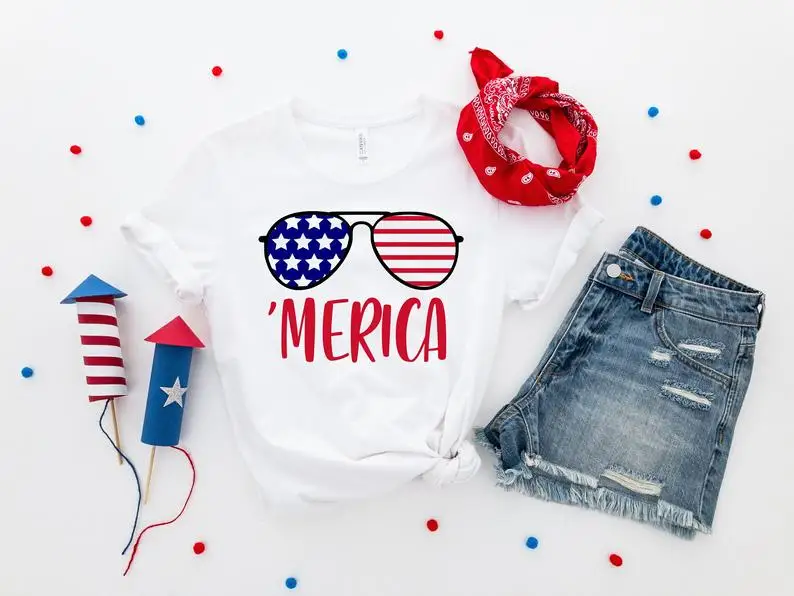 America Independence Day Custom Patriotic FLAG Shirt Tee Color printing Tongue glasses Tops Streetwear harajuku 100%cotton  goth