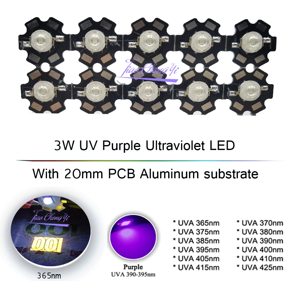 3W UV Purple LED Ultraviolet Bulbs Lamp Chips 365nm 375nm 380nm 385nm 395nm 405nm 410nm 420nm z 20mm PCB Aluminiowy podłoże