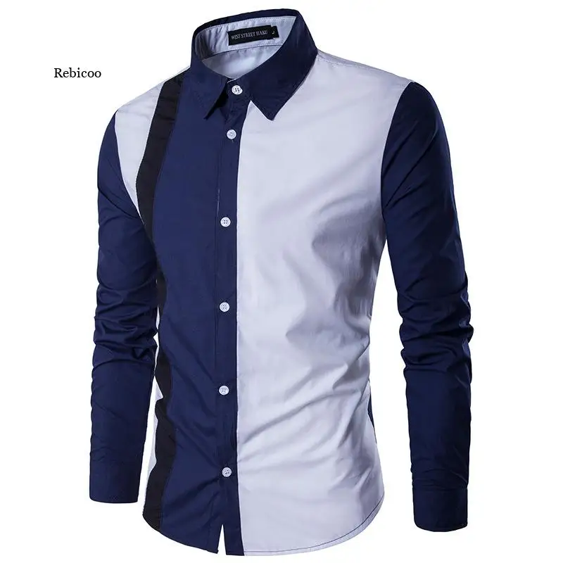 Camisas de vestido masculino primavera casual manga longa moda negócio camisa retalhos camisas sociais masculino ajuste fino para roupas masculinas