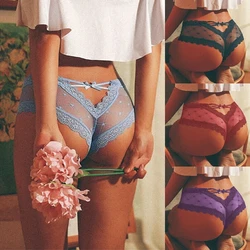 Womens Cage Back Panties Sexy Lace Mesh Back Hole Perspective Wave Shape Bow Underwear Ladies Briefs S-XL Charming Fashion