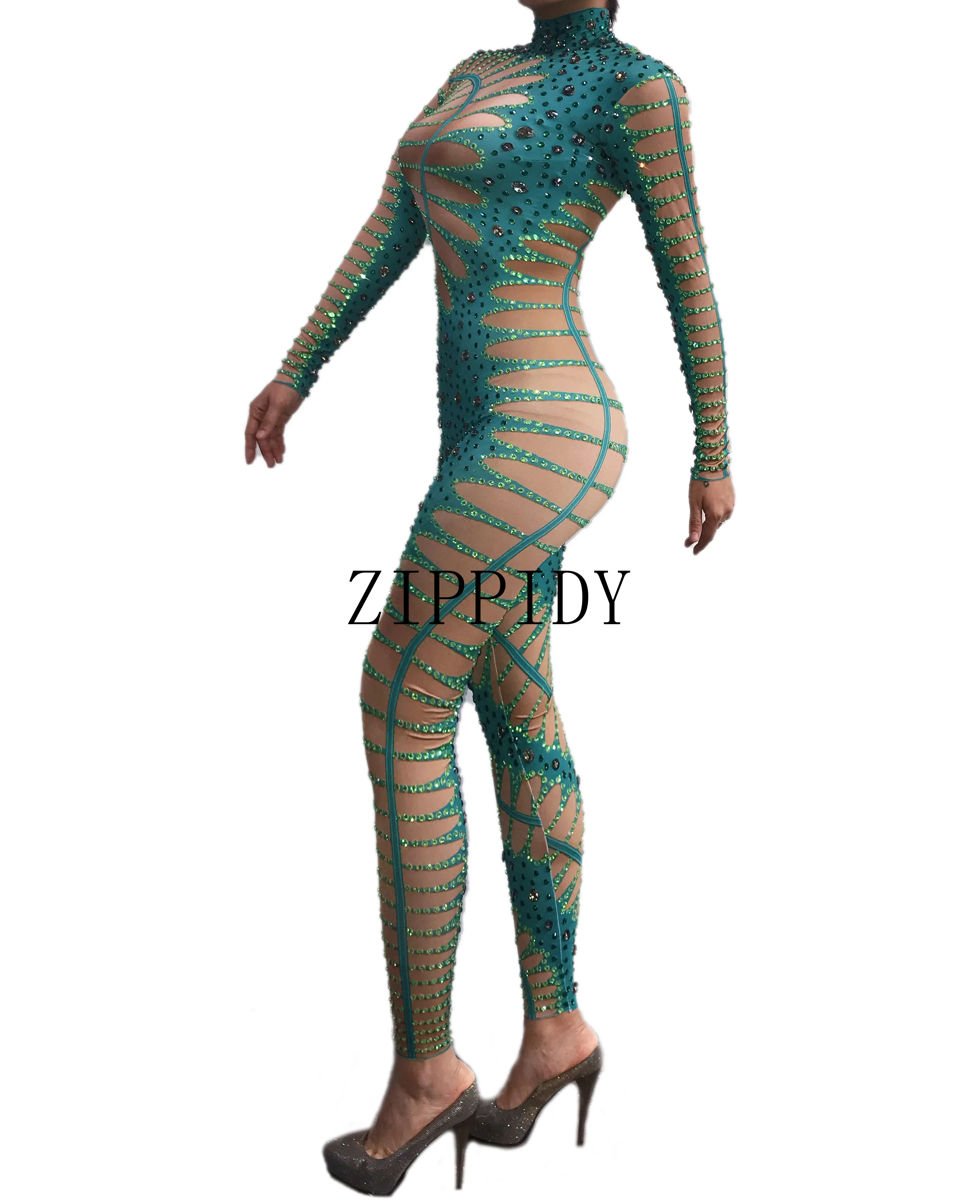 Fashion Rhinestones Green Nude Jumpsuit Sexy Stretch Dance Bodysuit Performance Party Celebrate  Stage Show Costume Wear