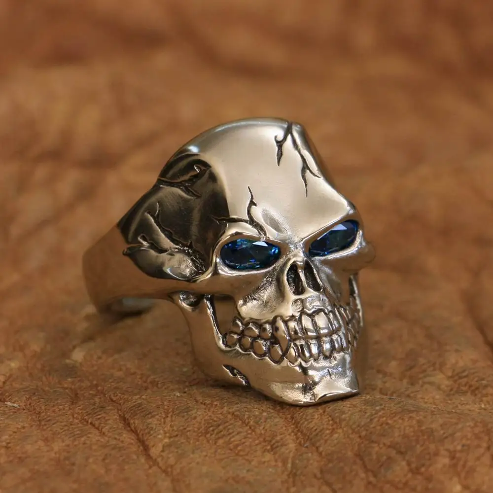 LINSION Cupronickel Skull Ring Blue CZ Eyes Mens Biker Rock Ring Punk Jewelry CP131 US Size 7~15