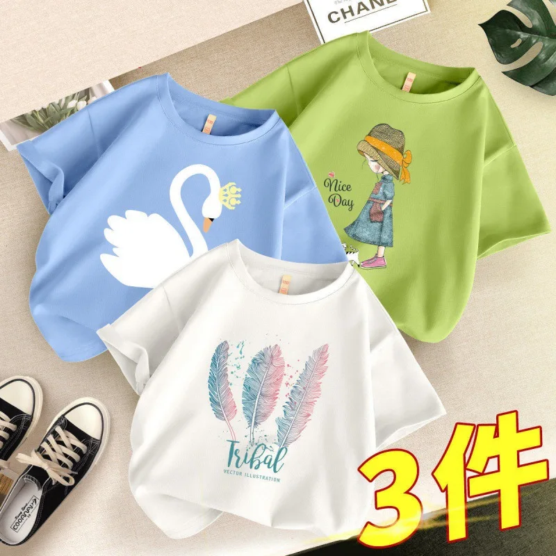 140 150cm 3 4 6 8 10 12Years Old New Summer Baby Girls Sweatshirts Children Cartoon Short Sleeve Sweater Kids T-shirt Clothes