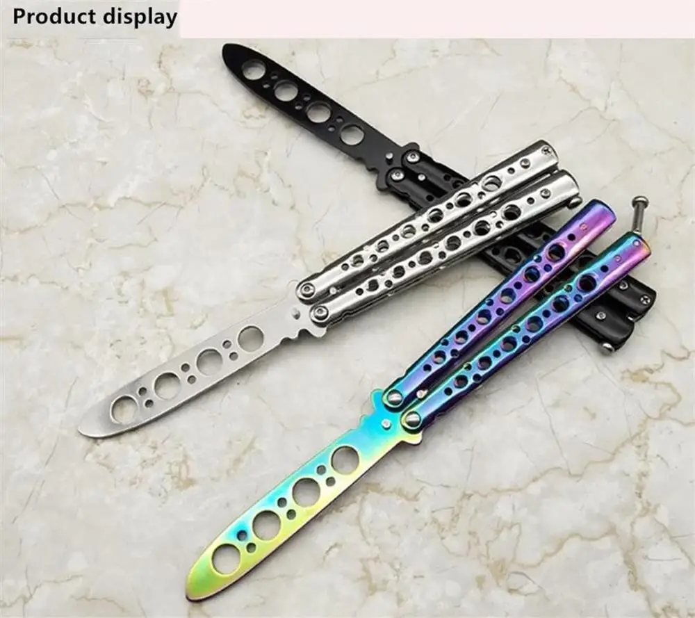 rainbow color stainless steel knife butterfly training knife outdoor knife competition knife blunt tool no blade