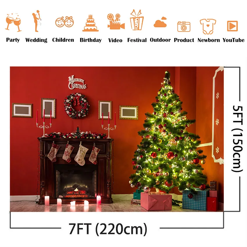 Merry christmas photography backdrop retro fireplace photo background x-mas tree background for photo studio gifts backdrops