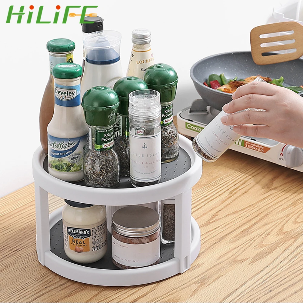 HILIFE Condiment Storage Rack Rotating Organizer Round Shelf Spice Rack Kitchen Storage Tray Pantry Cabinet Turntable
