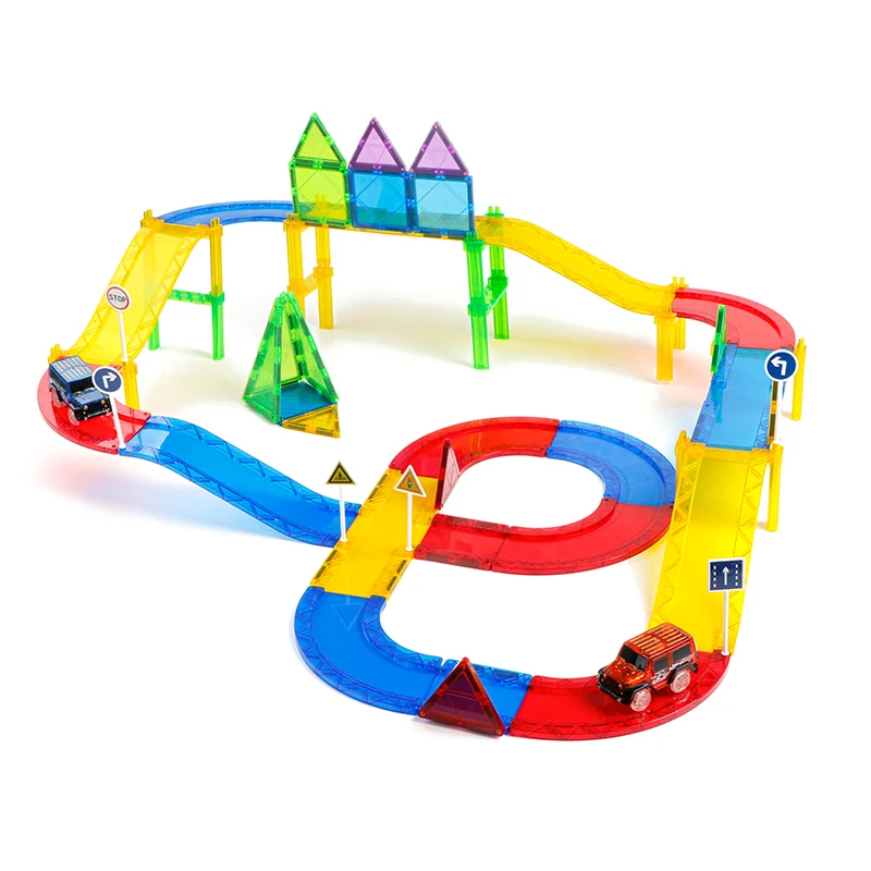 Magplayer 154 Pieces Magnetic Tiles Building Blocks set with Car Racing Tracks Toy for Children Intelligence Toys Best Gifts