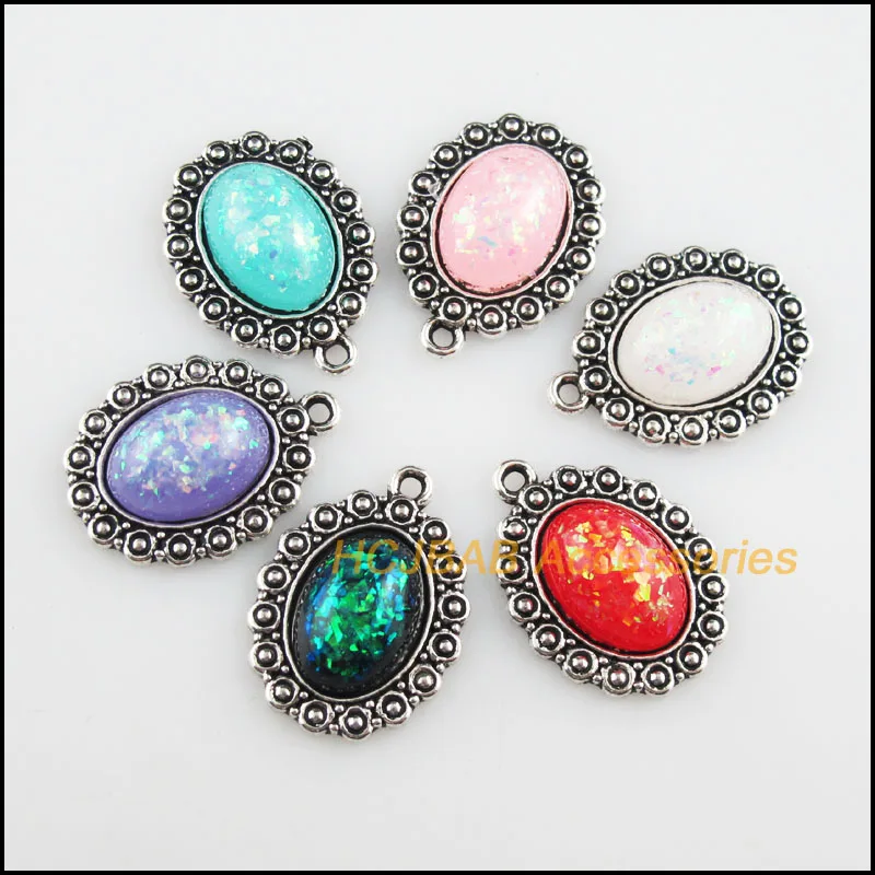 12 New Oval Flower Resin AB Shivering Mixed Charms Tibetan Silver 18x24mm