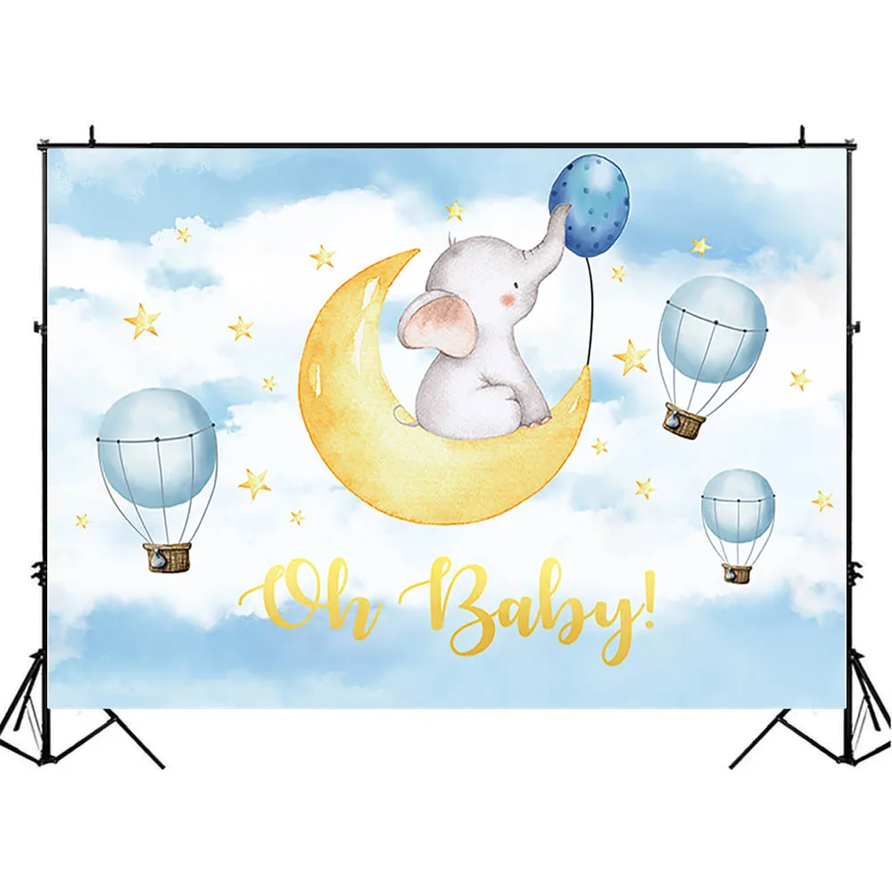 Mocsicka Oh Baby Neugeborenen Baby Dusche Hintergrund Elefanten Heißer Luft Ballon Gold Stern Foto Hintergrund Blauen Himmel Weißen Wolke Deco
