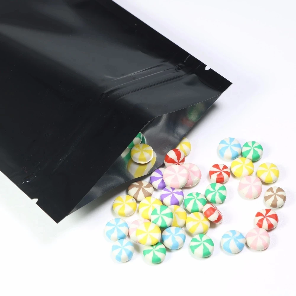 100 teile/los glänzende schwarze Aluminium folie Zip-Lock-Tasche selbst dichtende Tränen kerbe wieder versch ließbare flache Lebensmittel-Snack-Aufbewahrung verpackungs beutel – Detail 11
