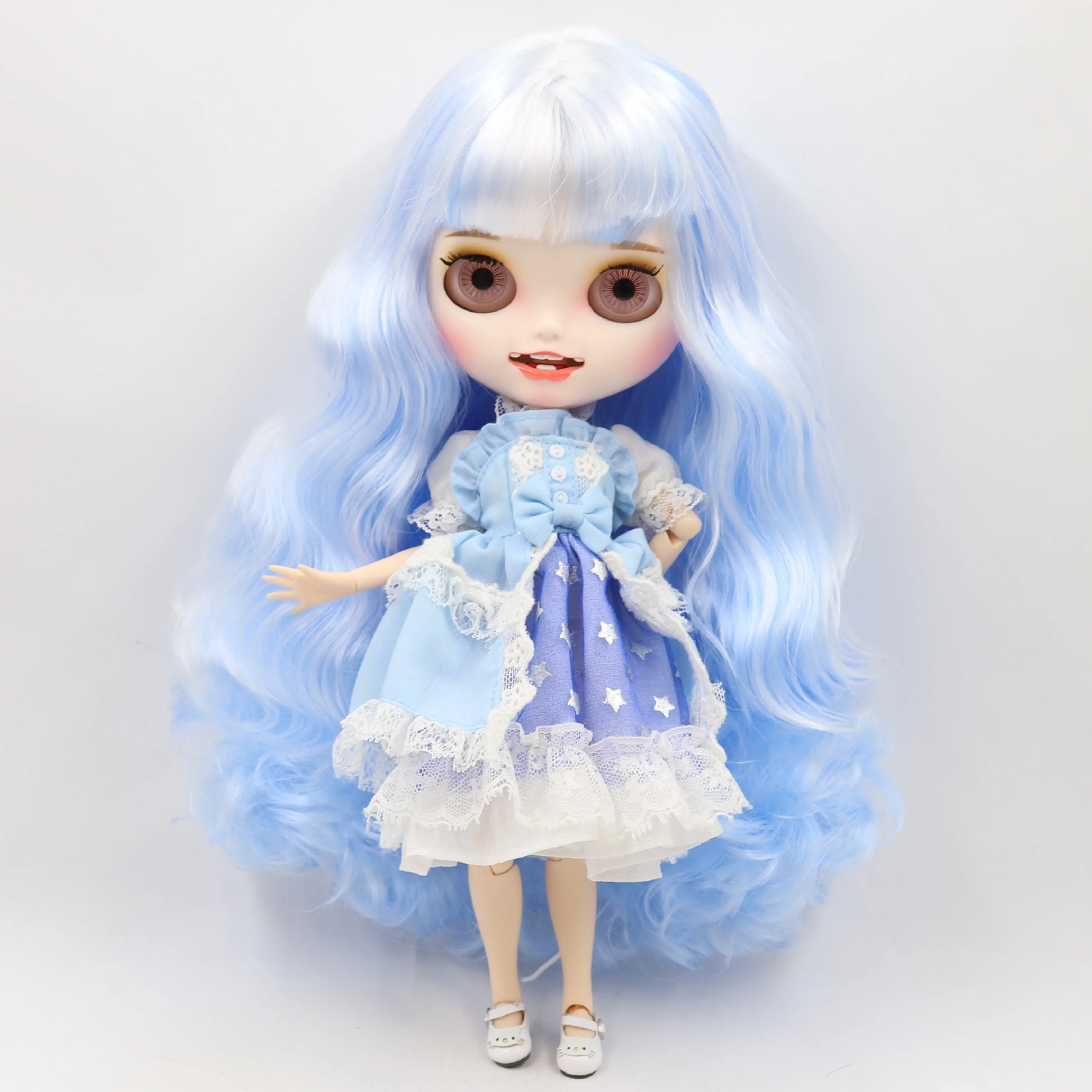 ICY DBS Blyth doll white skin Carved lips Open mouth Matte customized face joint body White mixed Blue hair NO.1366005