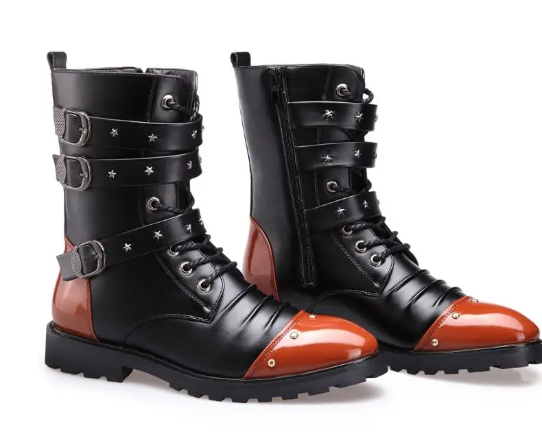 New Style Autumn Winter Punk  Boots Men Fashion Microfiber  Leather Motorcycle Boots Black Vintage High Top Buckle Boots