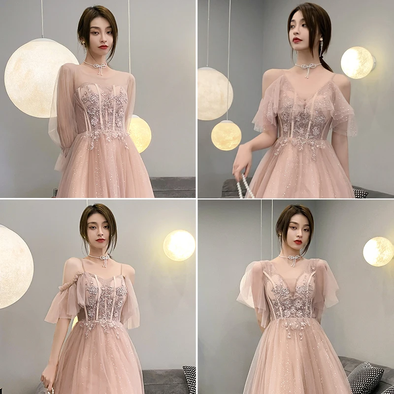 Robe de soiree Pink lace up with Appliques Flowers long Elegant Evening Dress Formal Bride Wedding Banquet Fall Prom Party Dress