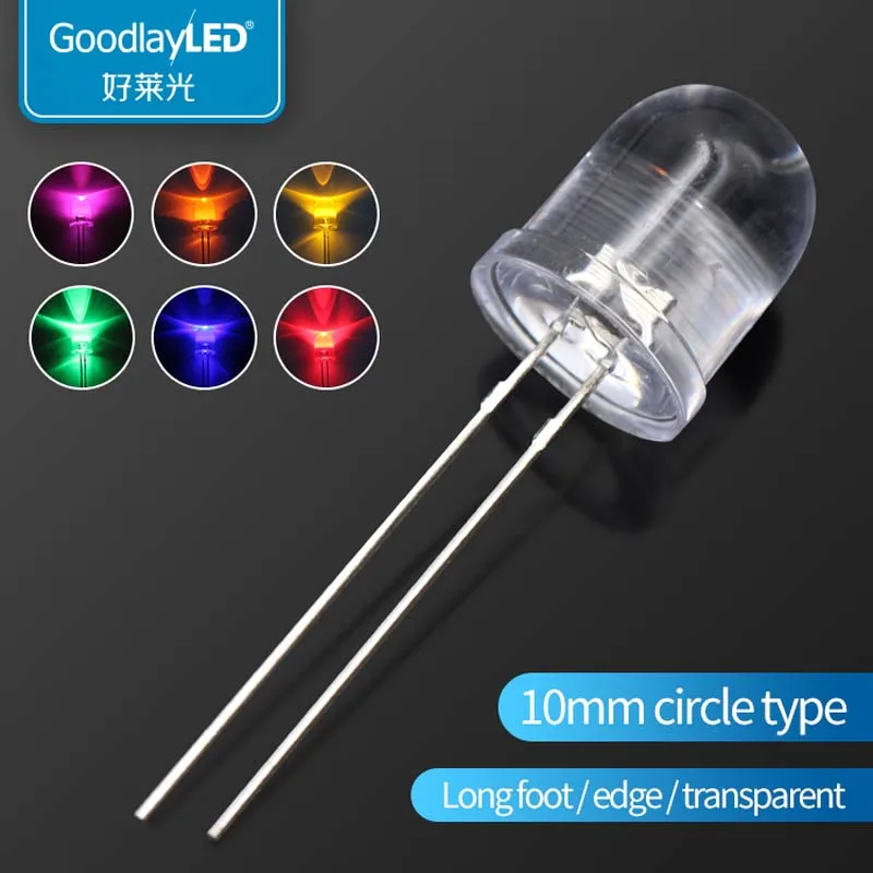 1000PCS F10/10mm Round Head Transparent Long Leg Edge UV LED White Red Blue Green Yellow Pink Light Emitting Diode