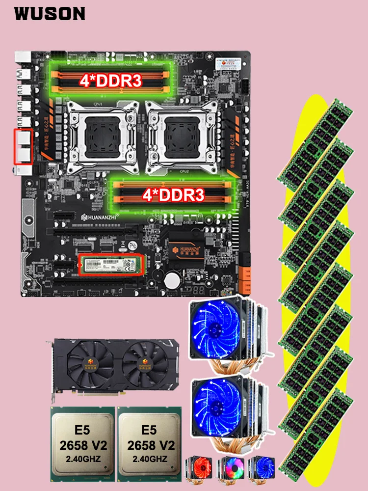 

HUANANZHI X79-8D dual X79 motherboard with 256G SSD dual CPU Xeon E5 2658 V2 CPU coolers RAM 64G(8*8G) video card GTX1660 6G