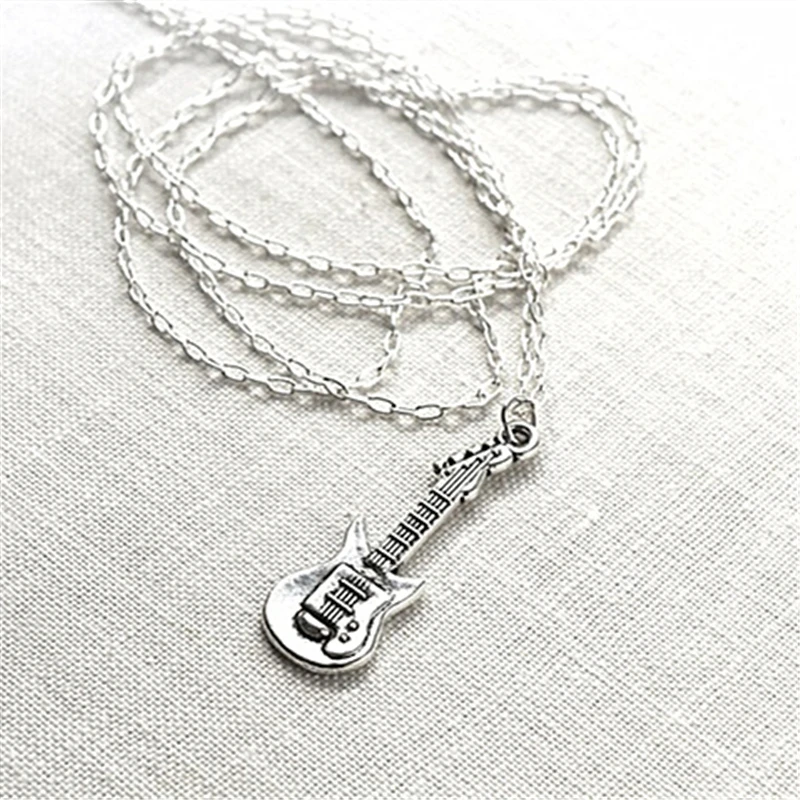 Tiny Electric Guitar Necklace, Silver Color Chain, Dainty Musical Instrument Charm Minimalist Jewelry Gift for Musician