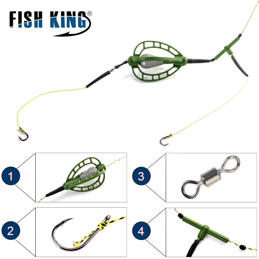 FISH KING 30/40/50/60g Carp Fishing Sinker Hair Rigs Europe Feeder Bait Cage Fishing Group Tackle With Barbed Hooks