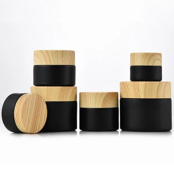 Black frosted glass jars cosmetic jars with woodgrain plastic lids PP liner 5g 10g 15g 20g 30 50g lip balm cream containers