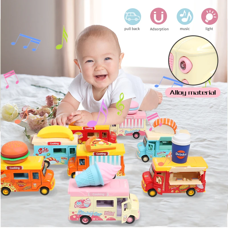 Pull Back Car Food Truck Vehicle Toy Car with Music Light  Ice Cream Burger Bus Truck Model Children Educationl Toys Gift Box