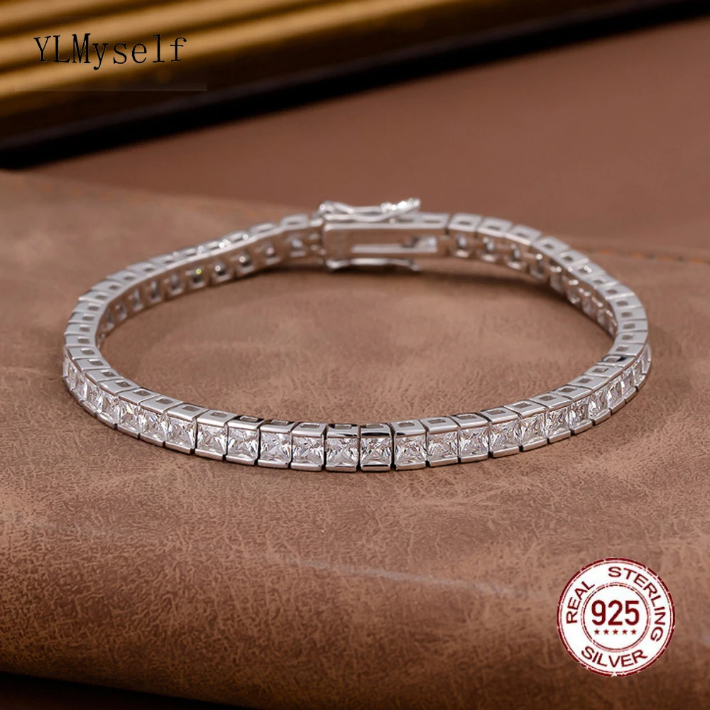 Real 925 Silver 15-19cm 4mm Wide Rectangle Chain Tennis Bracelet With Full 3*3 mm Zircon Luxury Fine Jewelry Unisex Bangle