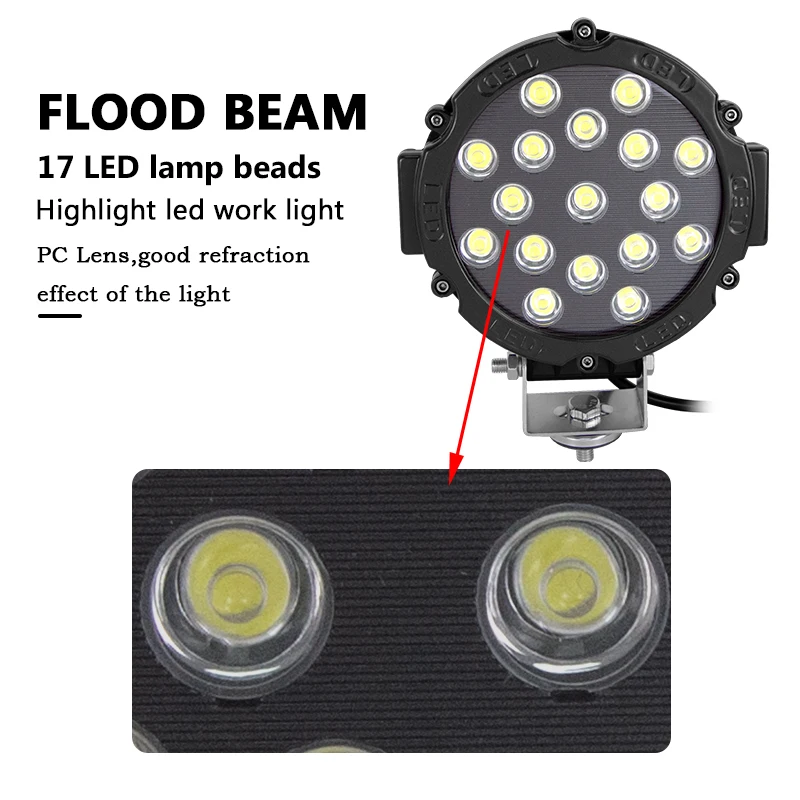 Willpower 2pcs 7 inch 51W Round LED Work Light Spot Flood Driving Fog Lamp for 4x4 4WD Offroad Truck Tractor ATV SUV 12V 24V