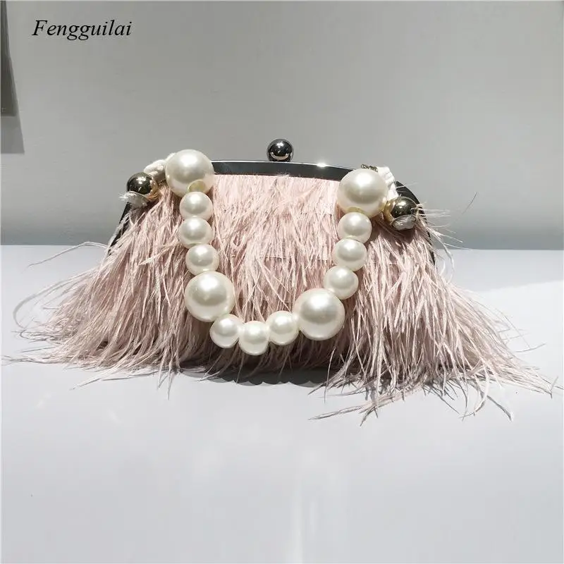 Luxury Ostrich Feather Party Evening Clutch Bag Women Wedding Purses and Handbags Small Shoulder Chain Bag Designer Bag 2021