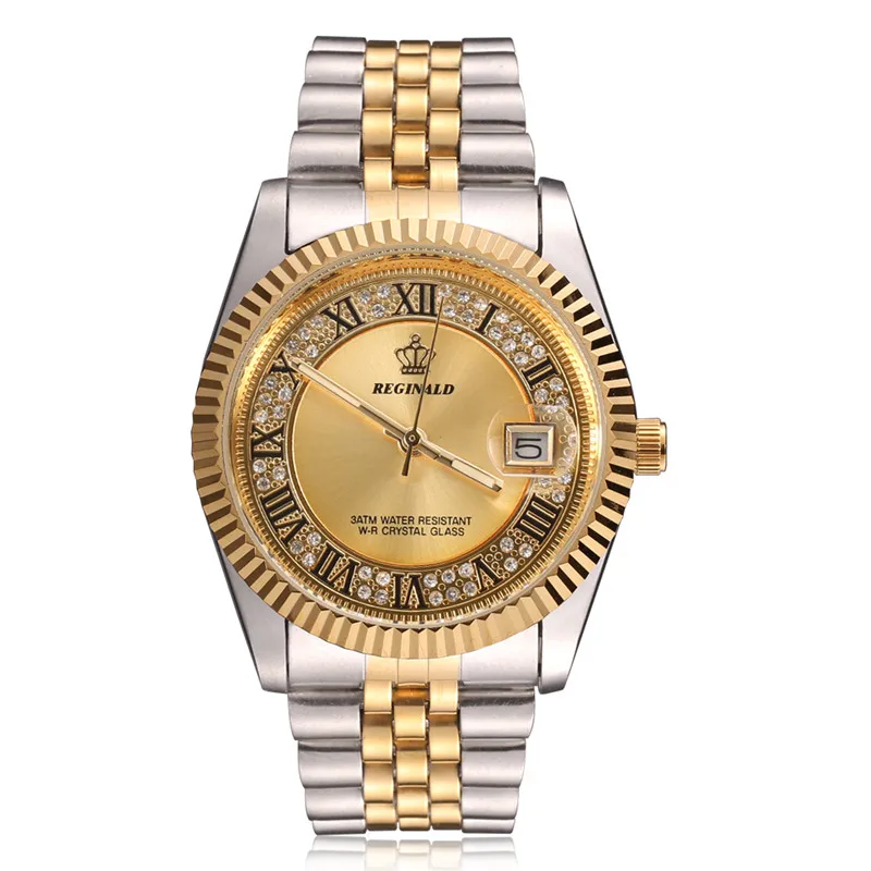 

Original New 2018 REGINALD Quartz Watch Men 18k Yellow Gold Fluted Bezel Pearl Diamond Dial Full Stainless Steel Luminous Clock