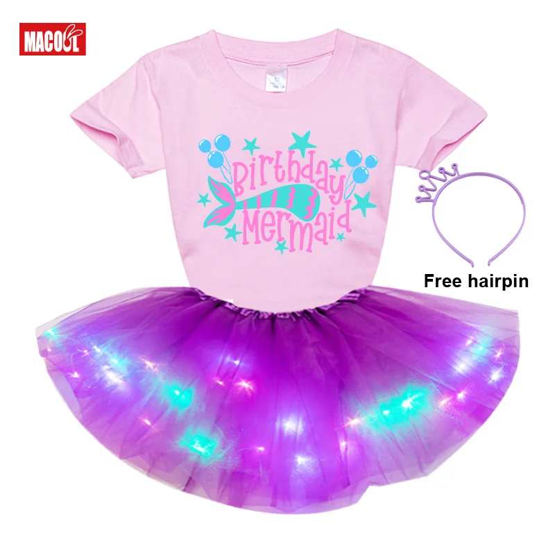 

Summer Kids Baby Dress Set Girl Short Sleeve T-shirt+luminous Skirt+hairpin 3pc Set Design Your Name and Number Birthday Present