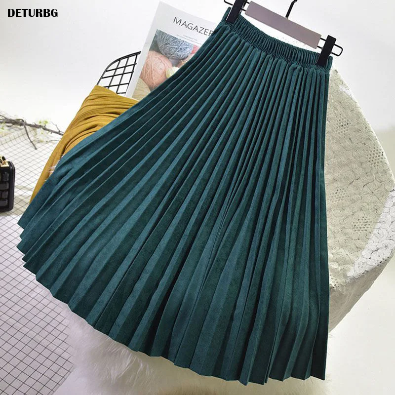 Women\'s Elegant Suede Pleated Midi Skirt Female High-Quality Elastic High Waist Thick Warm Skirts Saias 2023 Autumn Winter SK394