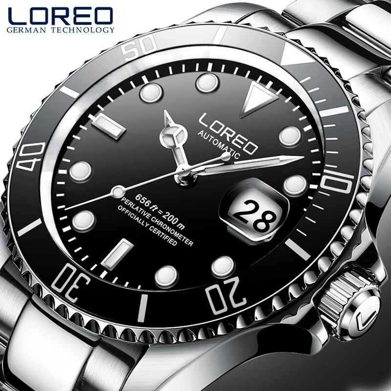 Reloj Hombre 200m waterproof Diver watch Luxury brand LOREO New Automatic Watch Sapphire Calendar Luminous Sport watches for men