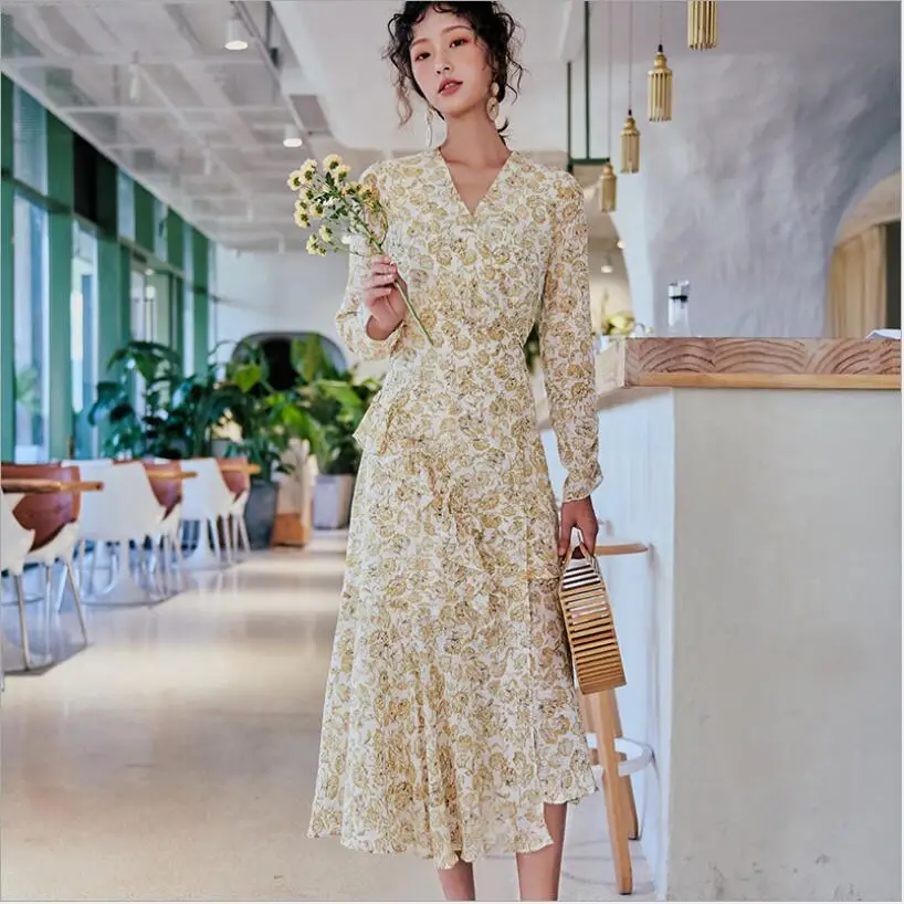 

Spring new French temperament floral long dress yellow printed fishtail chiffon dress sweet retro Dresses