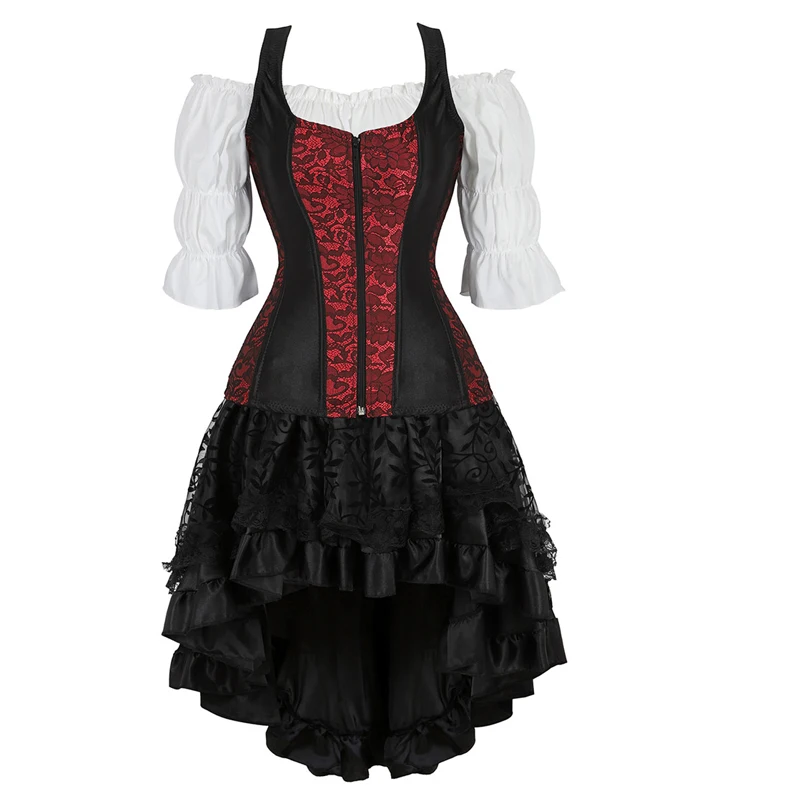 Corset Dress Skirt Top 3 Set Lrregular Bustiers Women Sexy Vintage Plus Size Masquerade Costume Gown Halloween Red Black