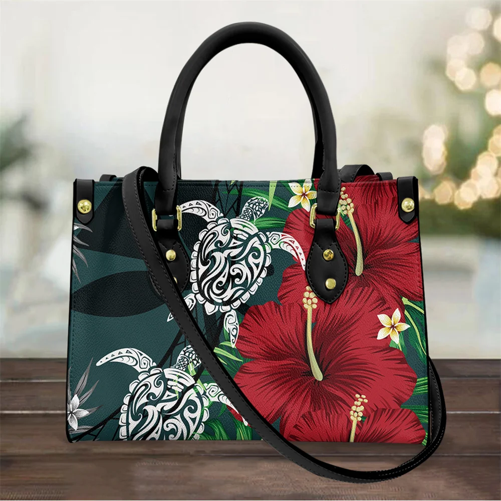 Polynesian Tribal Printed Crossbody Bag for Women Hawaiian Hibiscus Flower with Tattoo Sea Turtle Pattern Leather Handbag Female