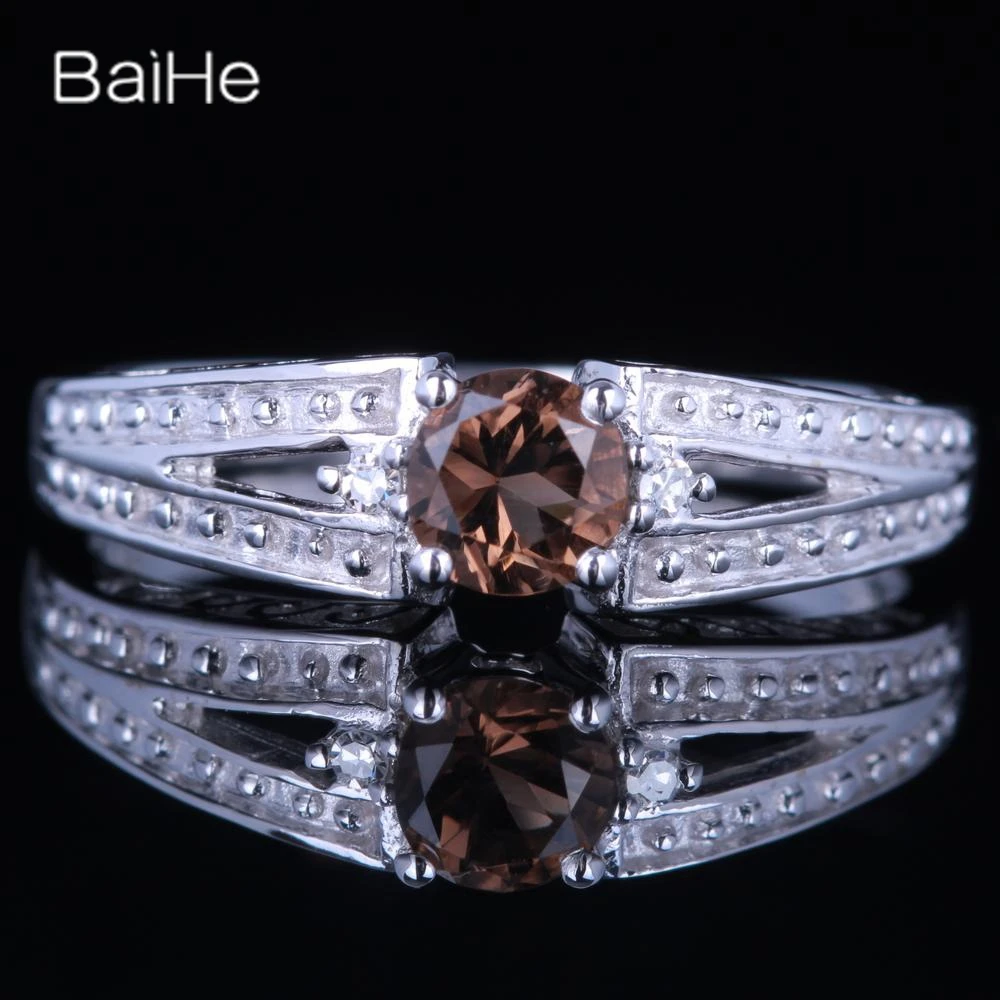 

BAIHE Solid 14K White Gold(AU585) 0.39CT Smokey Quartz Round Wedding Women Cute/Romantic mokey Quartz Ring