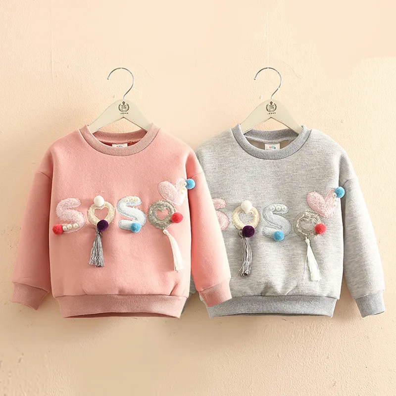 Autumn Warm New Fashion 2 3 46 8 10 Years Long Sleeve Letter Ball Pearl Hoodies Plus Velet Kids Baby Girls Winter Sweatshirt