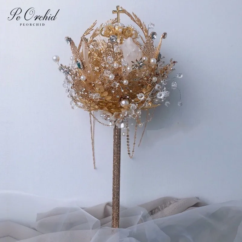 

PEORCHID 2020 Gold Bridal Bouquet Pearls Luxury Handmade Bride Holding Flower Crystal Crown Scepter Wedding Bouquet Custom