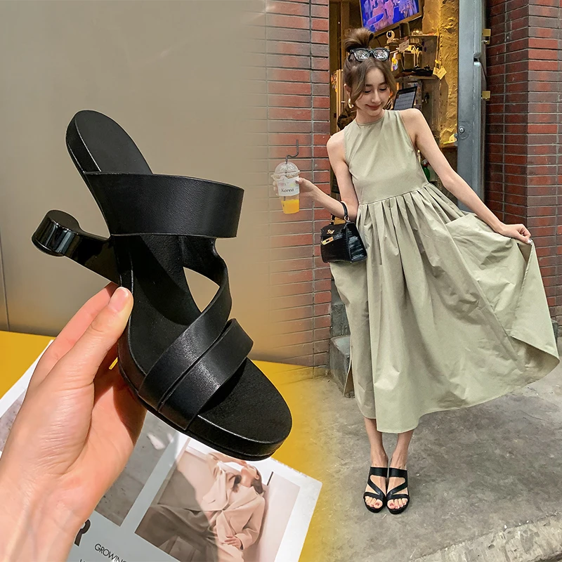 2021 Fashion Brand Genuine Leather Open Toe Slippers Ladies Strange Style High Heels Slides Summer Outdoor Sandals Ladies Shoes