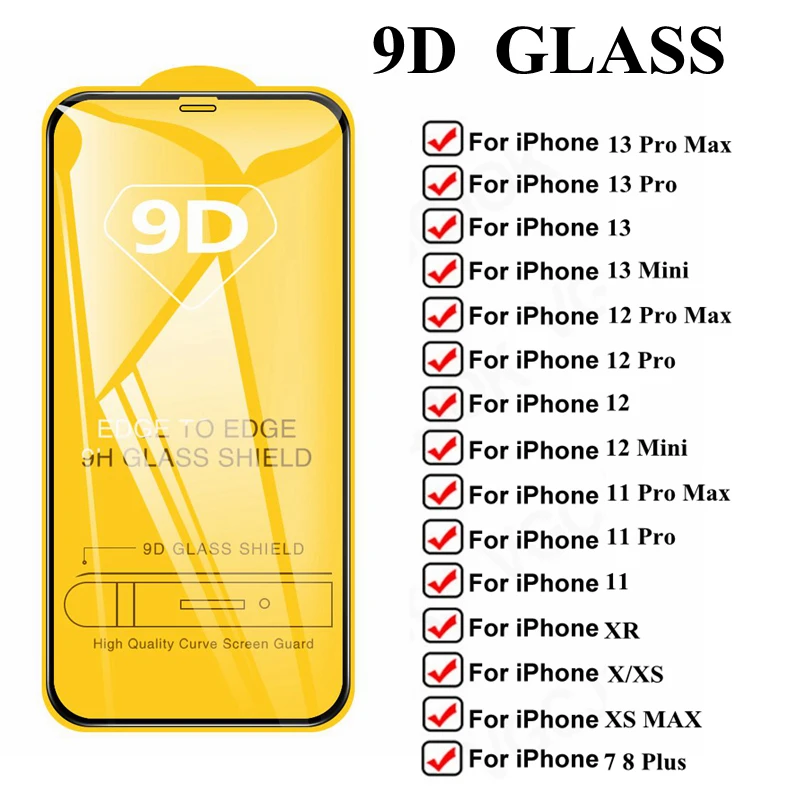 9D Tempered Glass For iPhone 13 14 15 12 11 Pro Max Mini 6S Plus Glass Screen Protector For iPhone 11 12 Pro XR Protective Glass