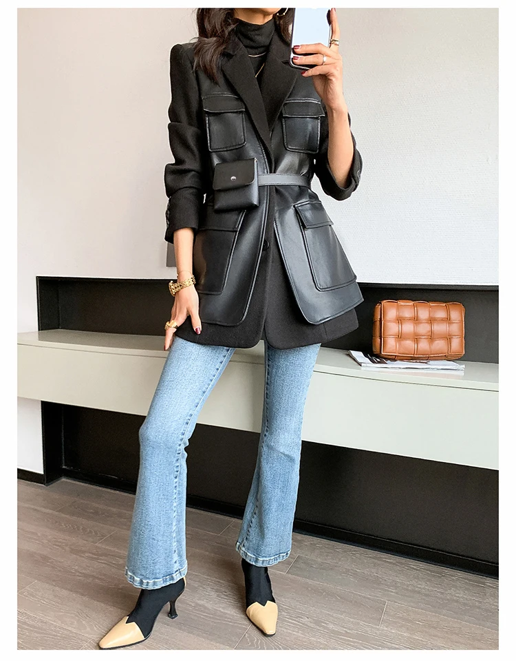 Nerazzurri Autumn Black Wool Blends Patchwork Leather Jacket Women with Many Pockets Long Sleeve Korean Fashion Streetwear 2022