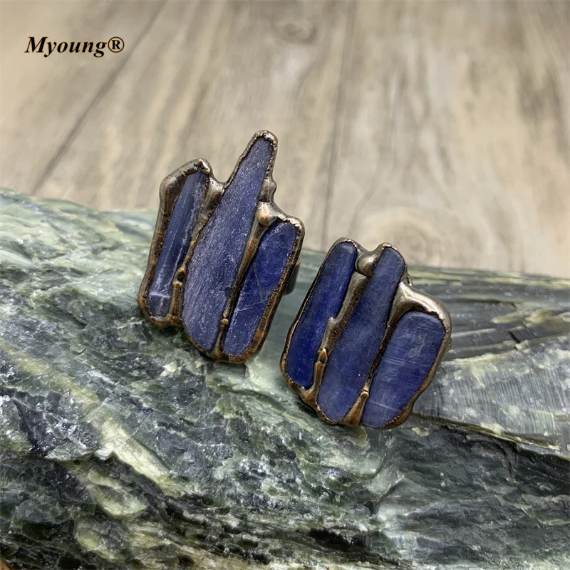 10pcs Wholesale Bronze Soldering Blue Kyanite Stone Adjustable Rings Boho Women Fashion Jewelry MY210728