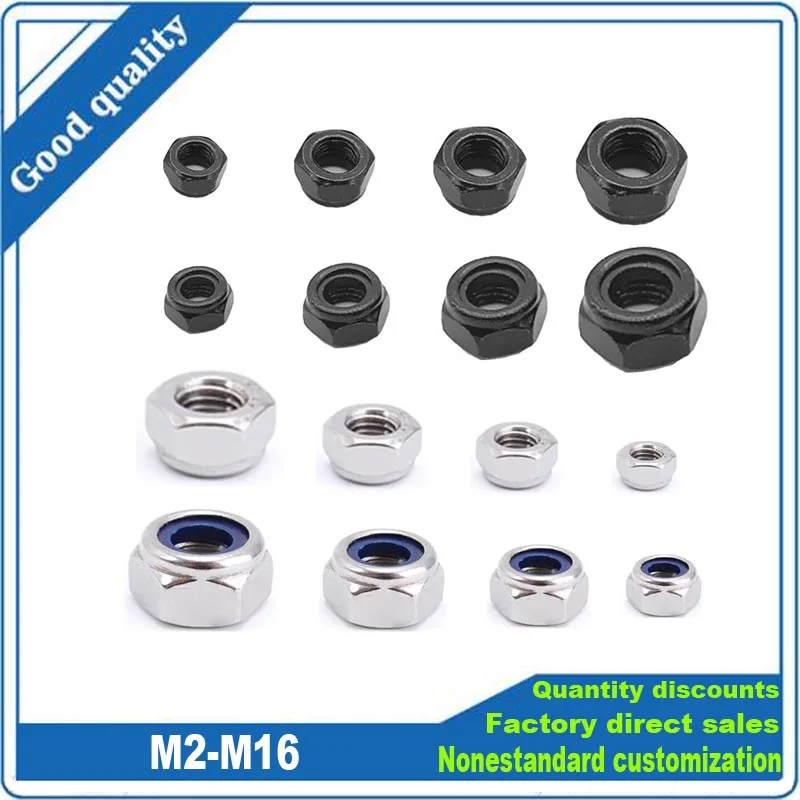 2/5/25pcs M2 M2.5 M3 M4 M5 M6 M8 M10 M12 M16 304 Stainless Steel Black Hex Nylon Insert Lock Nut Self-locking Nylock Nut Locknut