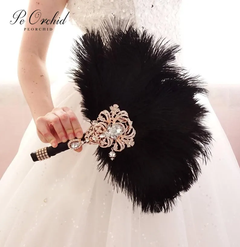 PEORCHID Feather Fan Black Brooch Bridal Bouquet Costume Party Bridesmaids Hand Bouquet Great Gatsby Wedding Accessories