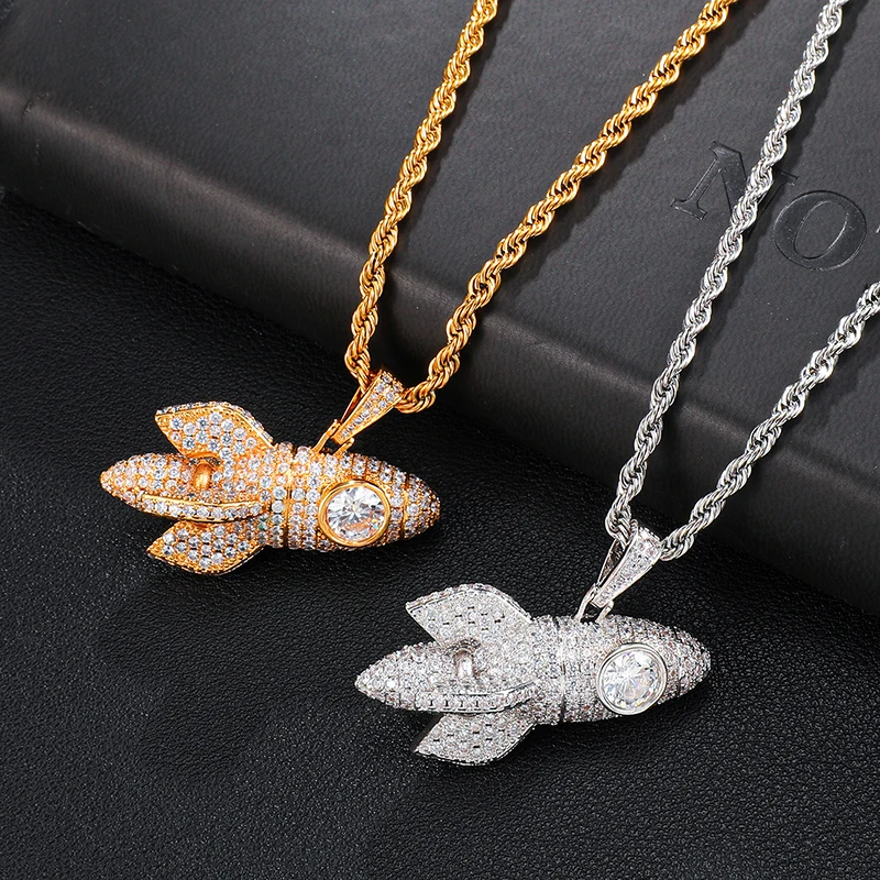 D&Z Iced Rocket Pendant In White Gold CZ Stones Mens Micro Paved AAA CZ Hip Hop Gold Silver Color Charm Chains Jewelry Gift