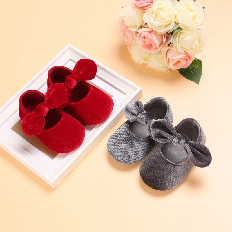 0-18M Neugeborenen Baby Mädchen Schuhe Samt Rot Weihnachten 0-18M Prinzessin Mädchen Baby Schuhe bogen Erste Wanderer – Detail 2