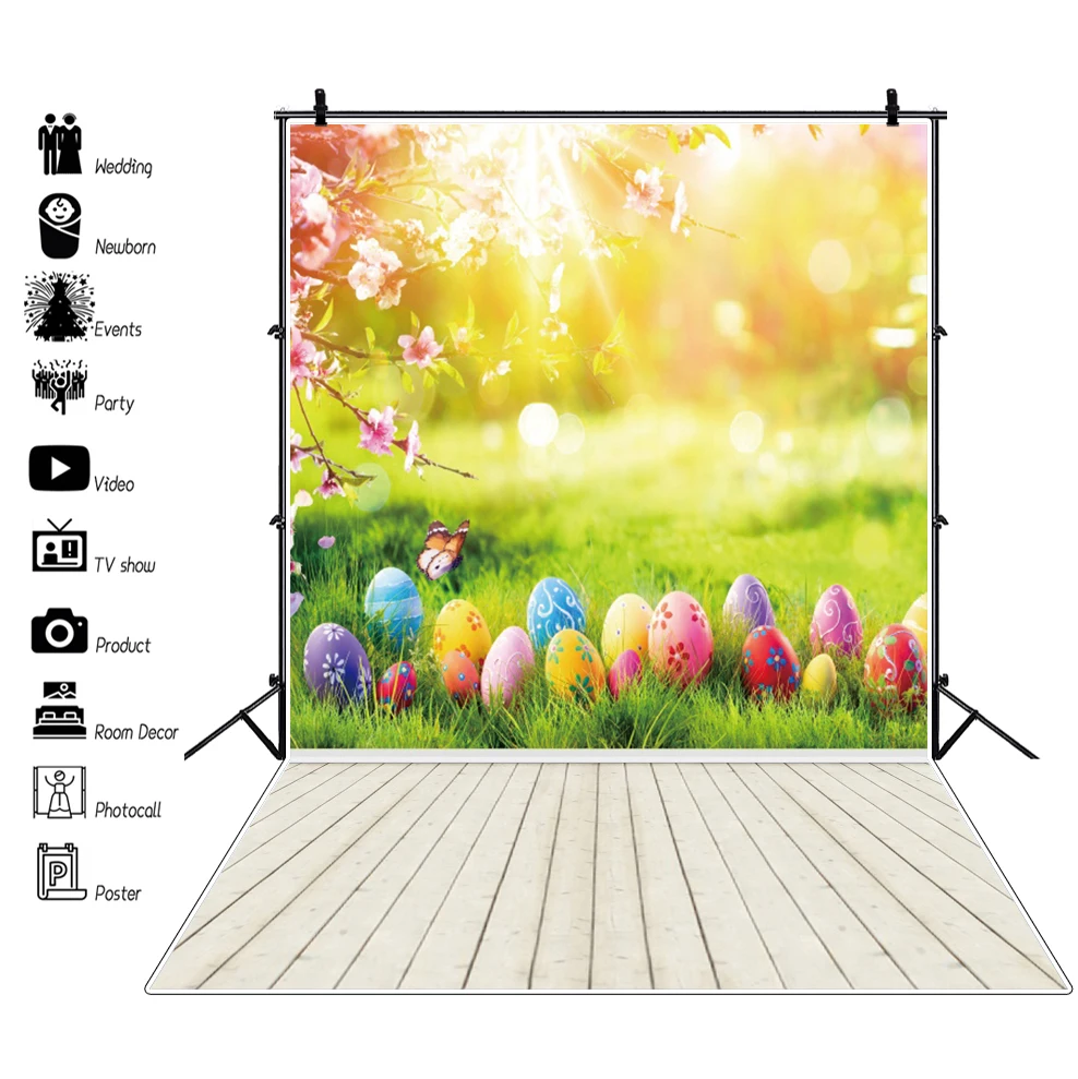 

Spring Easter Backdrop Rabbit Colore Eggs Flower Grass Wood Floor Photography Background Kids Newborn Portrait Photo Booth Props