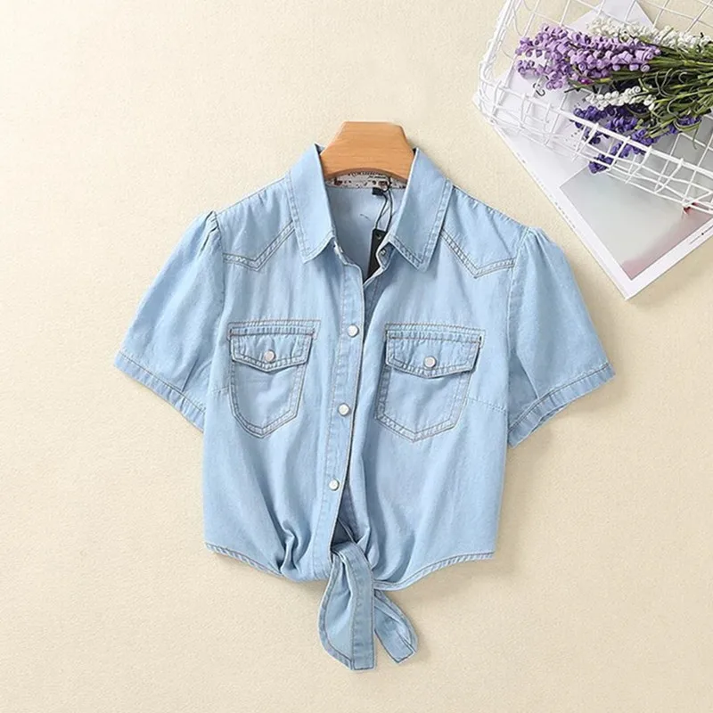 UHYTGF Spring Summer Denim Shirt Ladies Thin Sunscreen Clothing Elegant Women\'s Short Tops 3XL Big Size Jeans Blouse Women 211