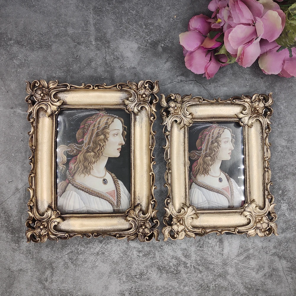 

European Style Resin Photo Frame Relief Square, Retro Gold Pendulum Frame, 7"