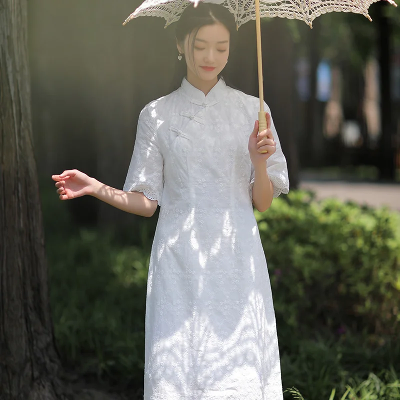 

2022 Cotton Dress Chinese Traditional Qipao Women Dresses White Solid Color Embroidery Slim Skirts Vintage Cheongsam Elegant