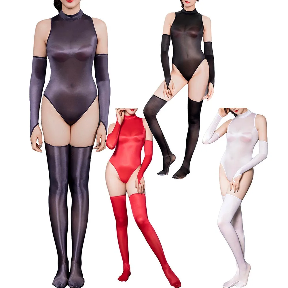 Womens See Through Glossy Thong Leotard High Cut Bodysuit Thigh High Stockings Opera Gloves Set Pole Dance Wear Nightwear