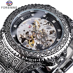 Forsining Retro Men's Watch Automatic Stainless Steel Mechanical Wristwatch Hollow Luxury Diamond Watches Mekaniska klockor